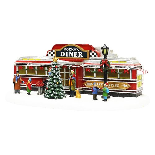 Christmas Village Building, Rocky's Diner, Retro 1950's Diner with LED Lights and Christmas Music - Battery Operated (not included) (optional 4.5V adapter not included) (5.8"H x 13.6"W x 7.1"D)