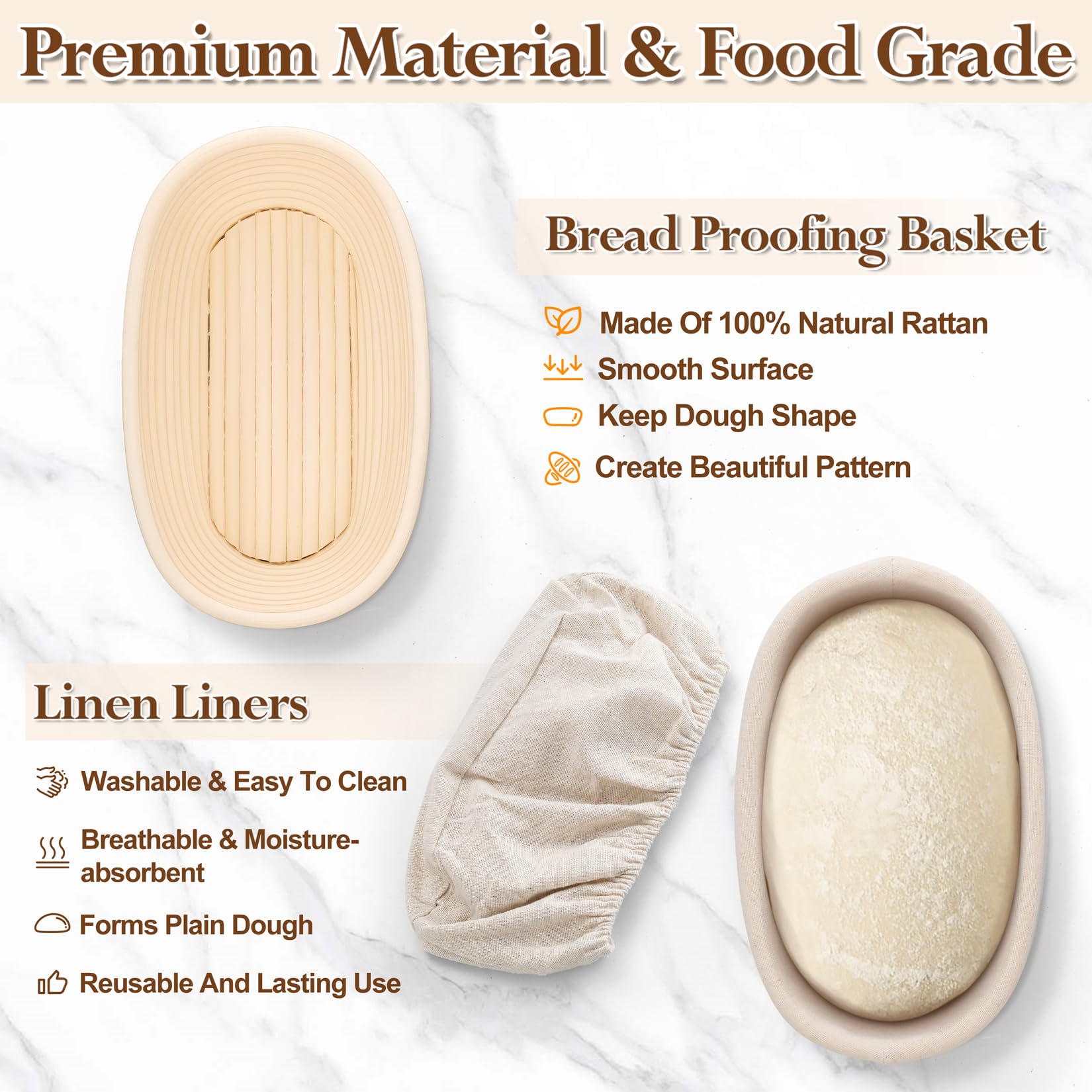 P&P CHEF Sourdough Bread Proofing Basket Set of 2, 10 Inch Oval Dough Proofing Bowls, Sourdough Bread Baking Supplies for Bakers, Handmade Rattan Baskets with Cloth Liner