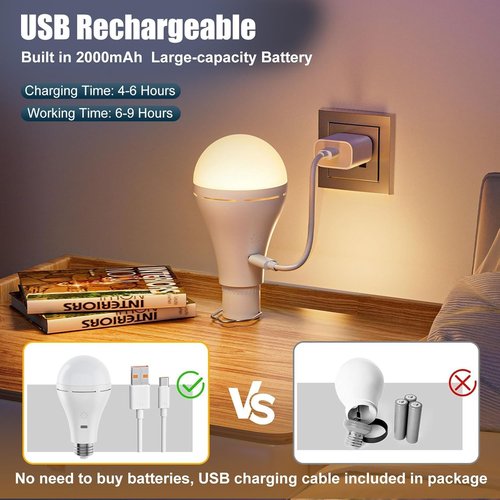 Brightown USB Rechargeable Light Bulb - Remote & Timer Emergency LED Bulbs for Home & Camping | 700LM, 6000K, 2 Pack