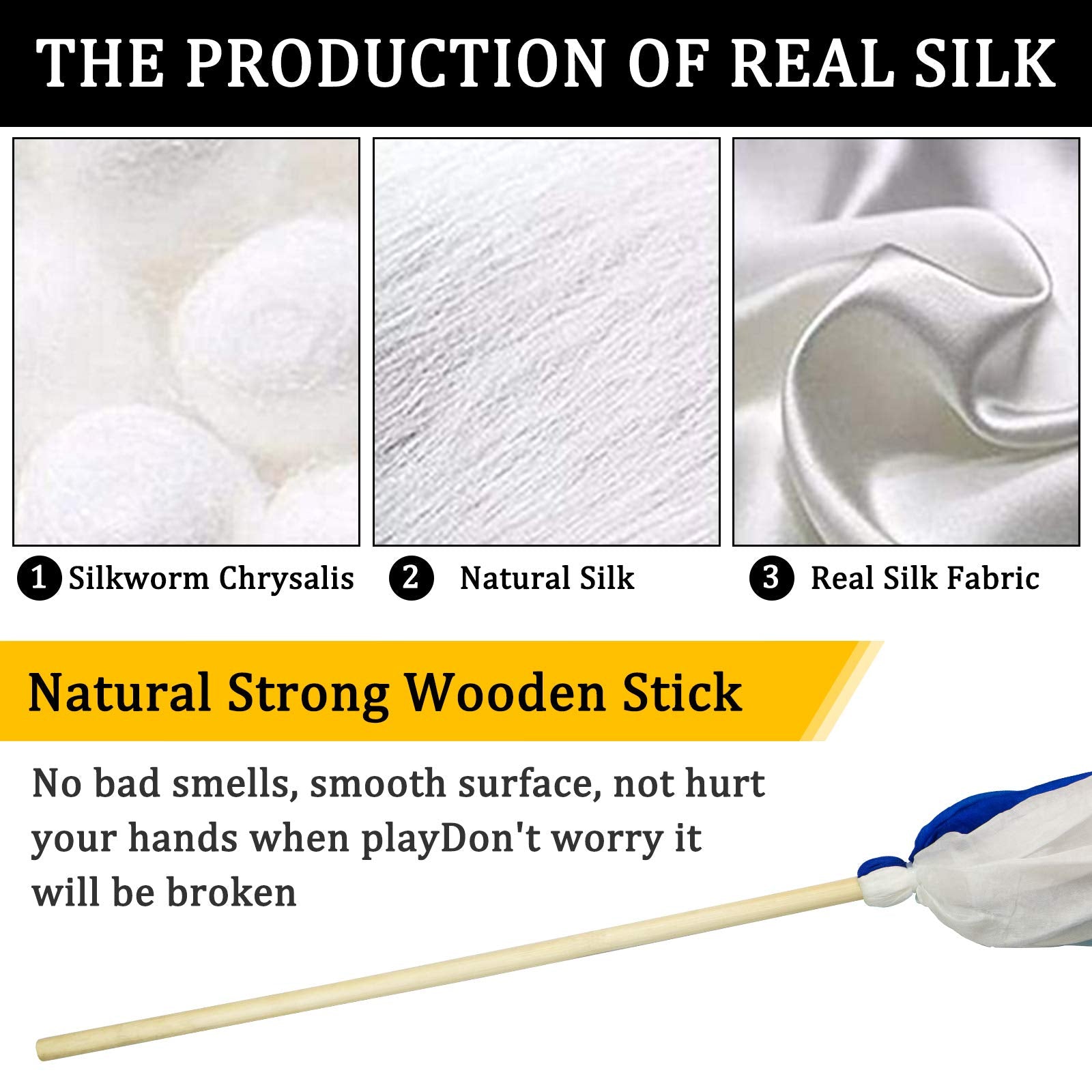 KIKIGOAL 16.4FT Dance Streamer Gymnastics Dance Ribbons Belly Dance Real Silk Ribbon Throw Streamer with Rod for Talent Shows, Artistic Dancing, Baton Twirling, Church Praise etc (Gradual Blue)