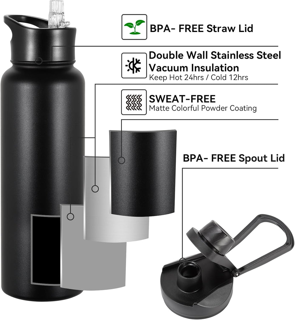 Skiennix 40 Oz Insulated Water Bottle - Stainless Steel, Leakproof, BPA-Free | Black with 2 Lids