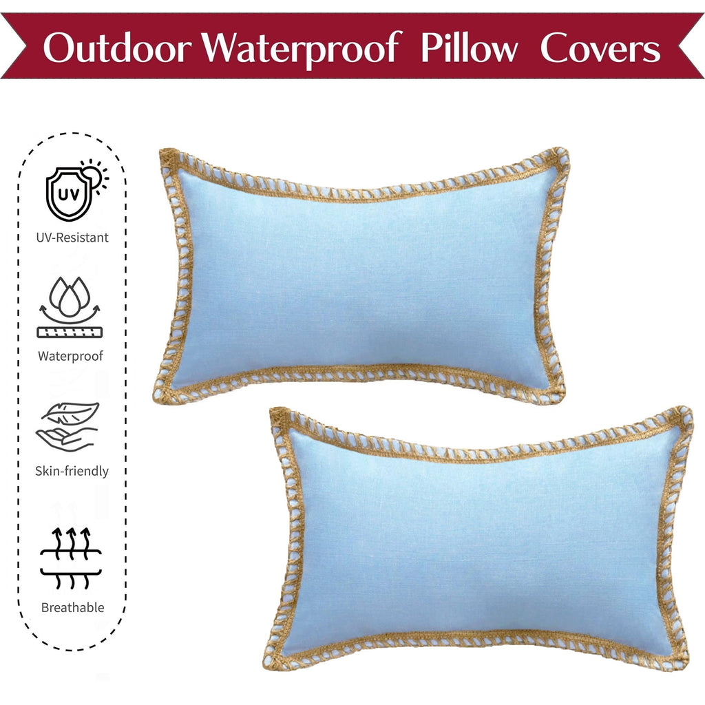 HER HWA Outdoor Lumbar Pillow Covers ONLY Linen Border, 20x12 Inches, Pack of 2 – Water-Resistant, Smooth Zipper, Durable Polyester for Outdoor/Indoor Decor, Machine Washable (Light Blue)