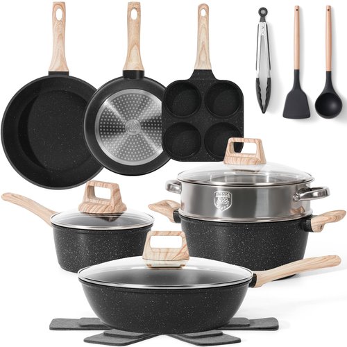 SODAY 17 Pcs Pots and Pans Set Non Stick Kitchen Cookware Sets Nonstick Induction Cookware Non-toxic Black Granite Cooking Tools with Stay-Cool Handles, Pot Protectors (PFOS/PFOA Free)