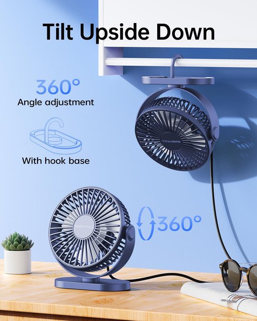 SWEETFULL USB Desk Fan Small Quiet - 3 Speeds Mini Personal Portable Fan 360° Rotation Adjustable, 5.5 Inch Office Table Cooling Gadgets on Desktop (Blue)