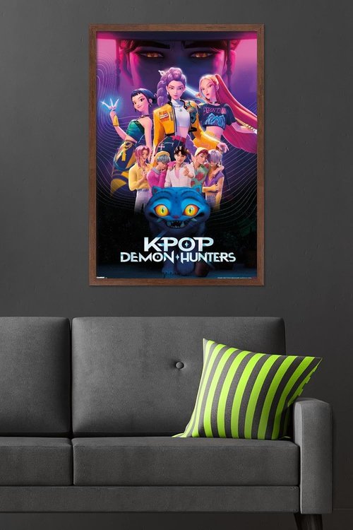 Netflix KPop Demon Hunters Wall Poster - Mahogany Framed, 34L x 22.4W for Stylish Decor