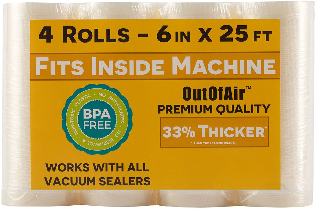 6" x 25' Rolls (Fits Inside Machine) - 4 Pack (100 feet Total) OutOfAir Pint Vacuum Sealer Rolls. Works with FoodSaver Vacuum Sealers. 33% Thicker, BPA Free, Sous Vide, Commercial Grade