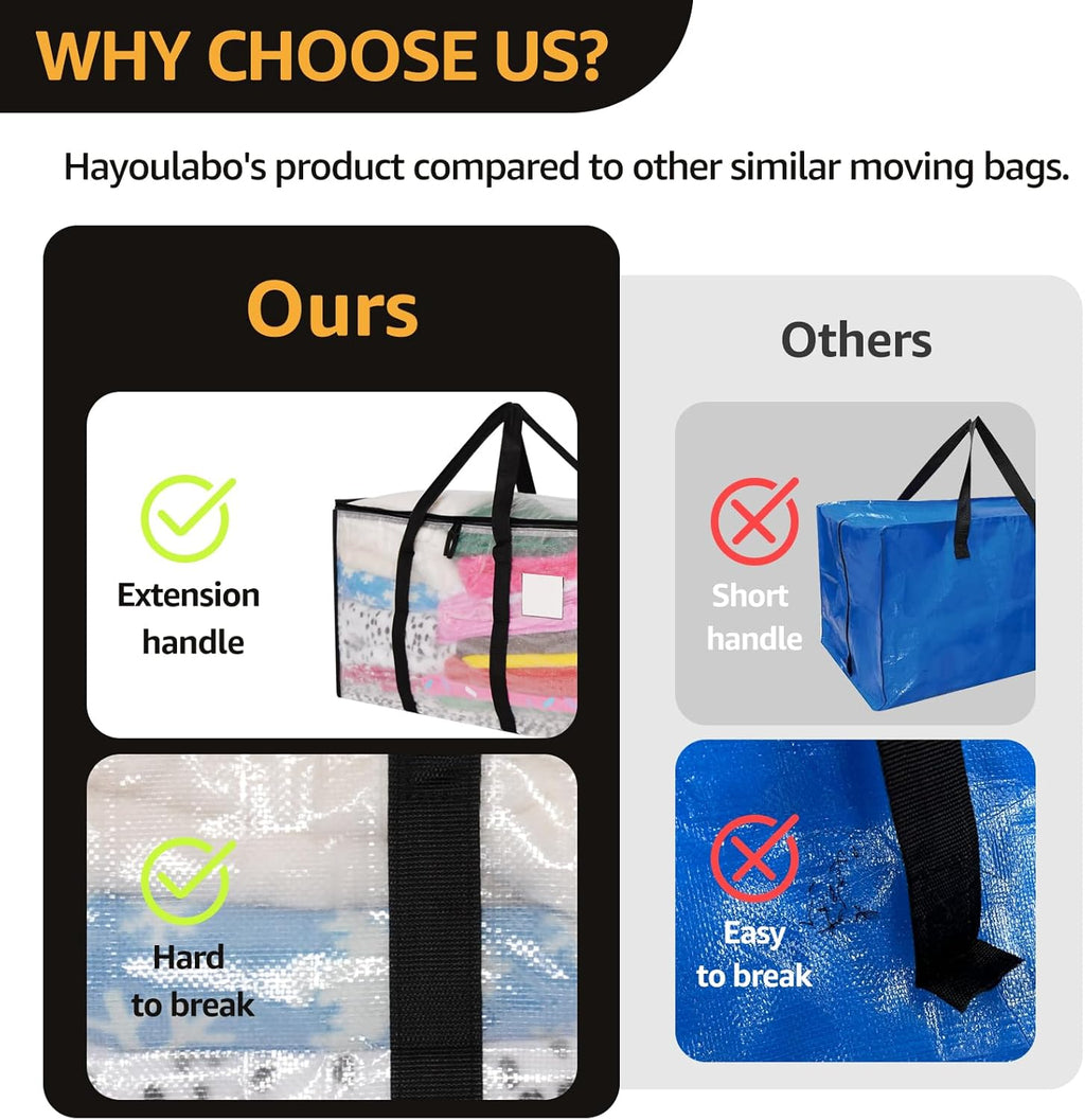 Skiennix Heavy-Duty Moving Bags - Extra Large Clear Storage Bins with Lids | 6 Pack for Clothes