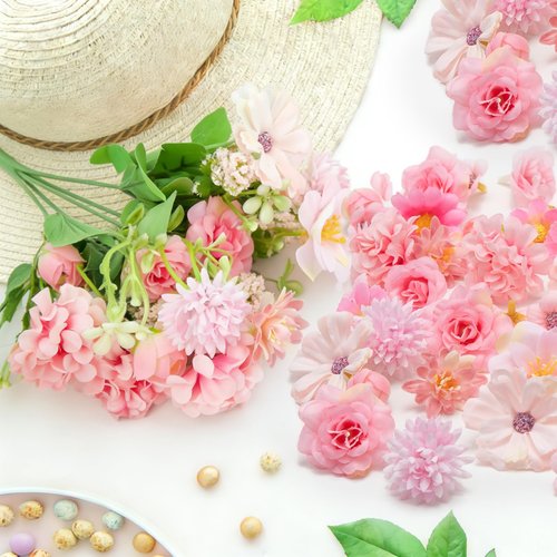 CIPOWM 100Pcs Mini Faux Flower Heads Pink Artificial Flower Heads Small Silk Flower Fake Peony Daisy Flowers for Craft Garland Wedding Party Supply Home Decoration