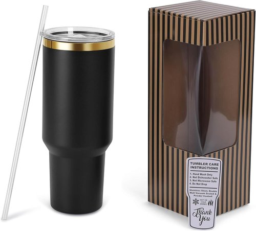 Makerflo 40 oz Gold Electroplated Black Tumbler - Customizable with Lid & Straw, Ideal for Crafting | Pack of 25