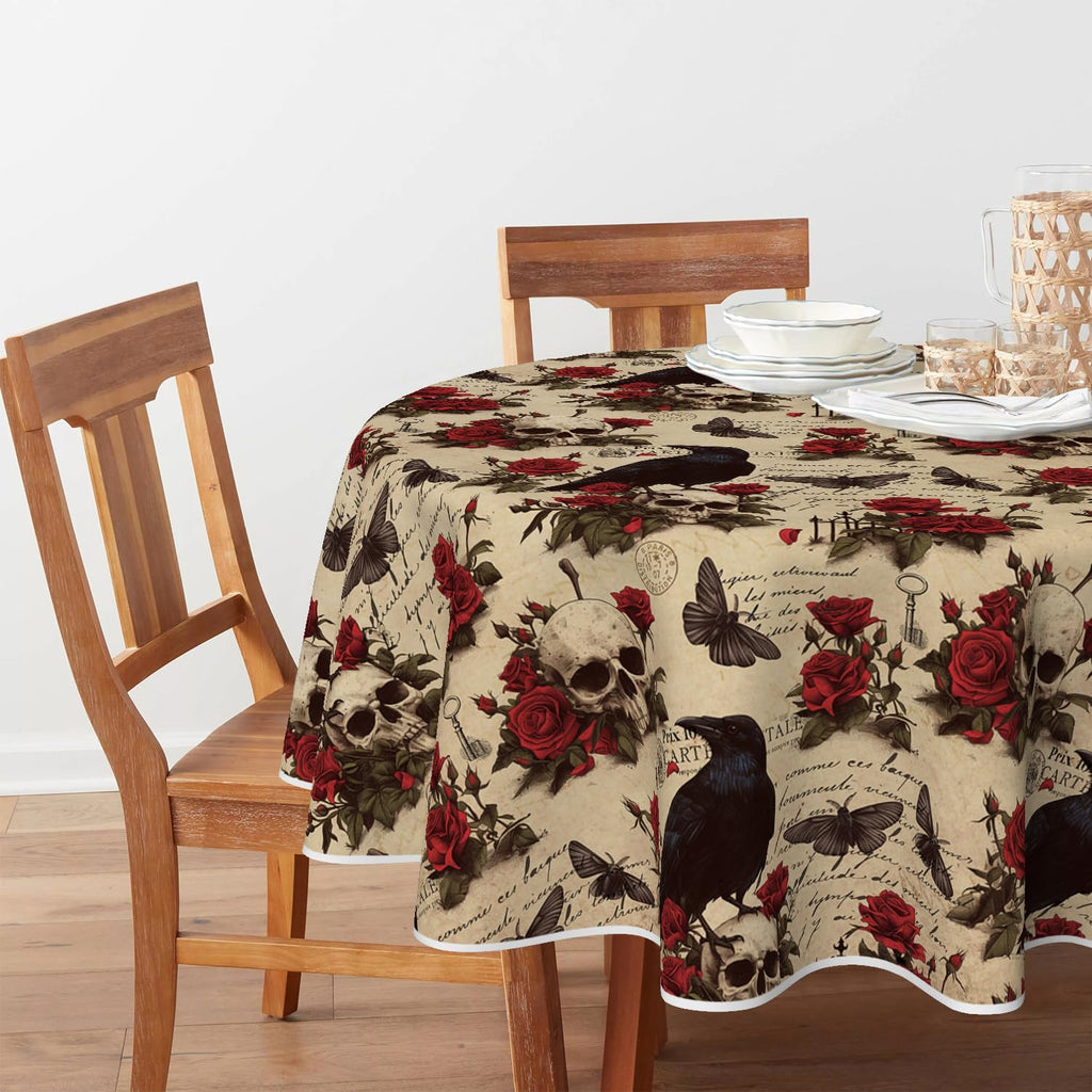 Horaldaily Halloween Tablecloth 60×60 Inch Round, Crow Skeleton Roses Washable Table Cover for Party Picnic Dinner Decor