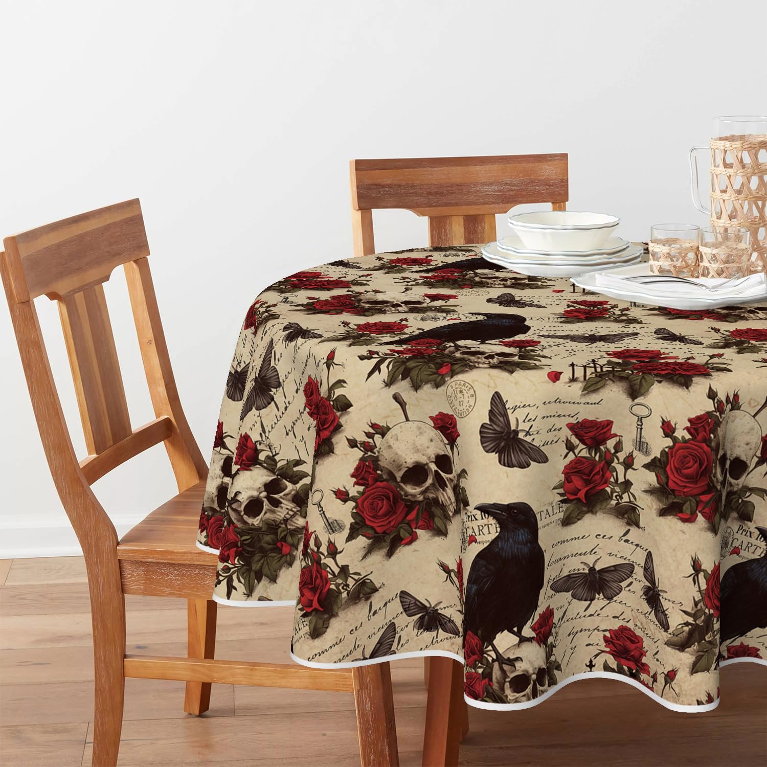 Horaldaily Halloween Tablecloth 60×60 Inch Round, Crow Skeleton Roses Washable Table Cover for Party Picnic Dinner Decor