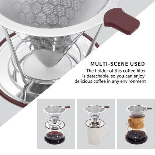 HAPYHOOM Pour Over Coffee Dripper Stainless Steel Coffee Filter Metal Cone Filter Paperless Reusable Single Cup Maker 1-2 Cup With Non-slip and Removable Cup Stand