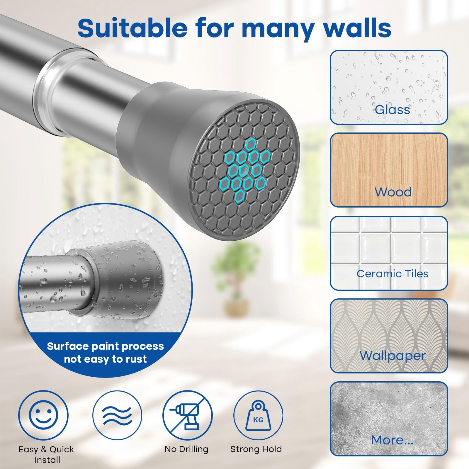 Shower Curtain Rod Tension Curtain Rod 30-64 Inch Silver Shower Rod Curtain Rod no Drilling Expandable Tension Curtain Rod Spring Curtain Rod for Bathroom Closet Doorway Door