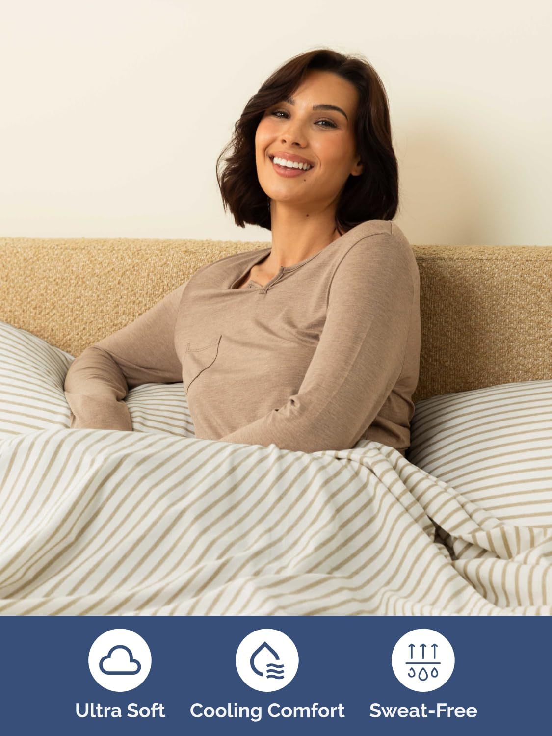 Skiennix Extra Deep Split King Sheet Set - 7 Piece Breathable Cooling Bedding - Soft Wrinkle-Free Beige Stripes