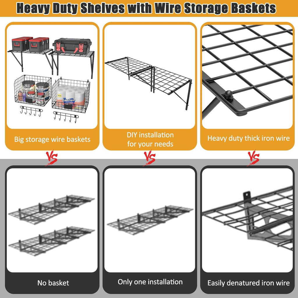 ThreeHio Garage Shelves - Heavy Duty Wall Mounted Shelving with Wire Baskets & Hooks | 2 Pack Tool Organizer
