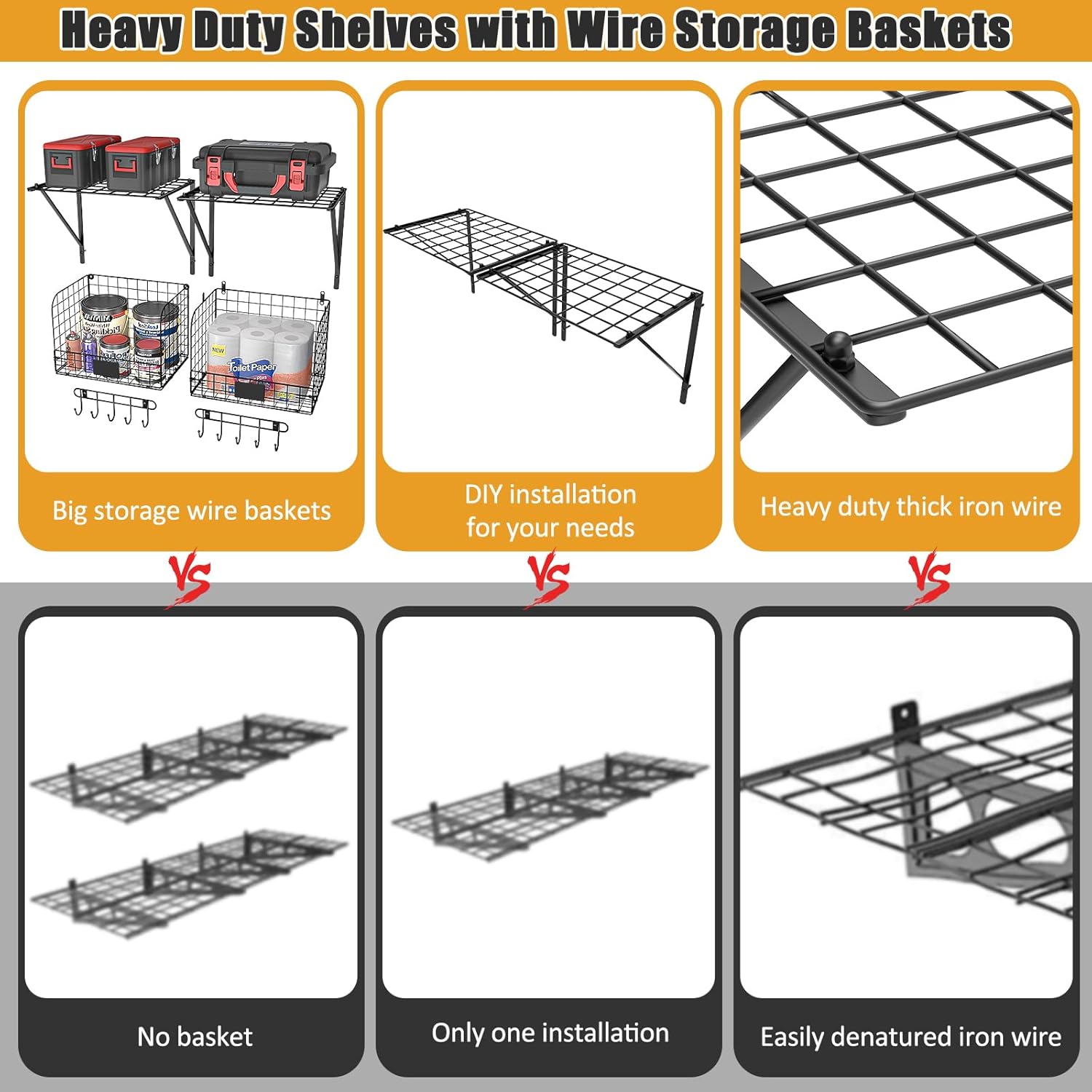 ThreeHio Garage Shelves - Heavy Duty Wall Mounted Shelving with Wire Baskets & Hooks | 2 Pack Tool Organizer