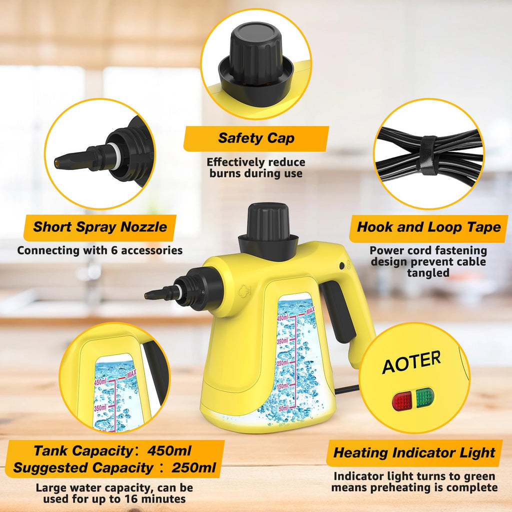AOTER Pressurized Handheld Steam Cleaner, Portable Multi-Surface Cleaner for Home, Multipurpose Steam Cleaner for Tile, Grout, Windows, Bathroom, with 12pcs Accessories (Yellow)