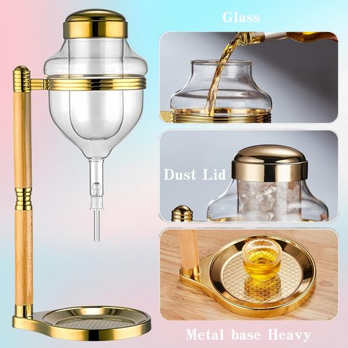 Ceizext Sake Dispenser with Warmer, 720ml Glass Server with Unique drip Design for Hot & Cold Sake, Soju, and liquor (Gold)