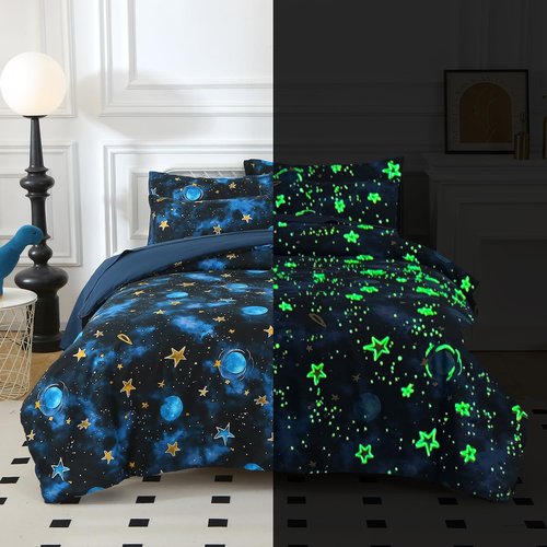 Aqzuxira Glow in The Dark Kids Comforter Set, 5 Pieces Blue Space Bedding Set Twin Size for Boys Girls Teen, 1 Comforter, 1 Pillowcase, 1 Pillow Sham, 1 Flat Sheet, 1 Fitted Sheet