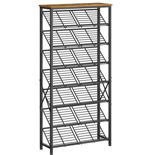 YATINEY 8-Tier Shoes Rack, Narrow Shoe Storage Organizer for Entryway, Slim Shoe Shelf with Wooden Panel, Large-Capacity Slanted Shoe Rack for Closet, Space Saving, Black and Rustic Brown SS26BR