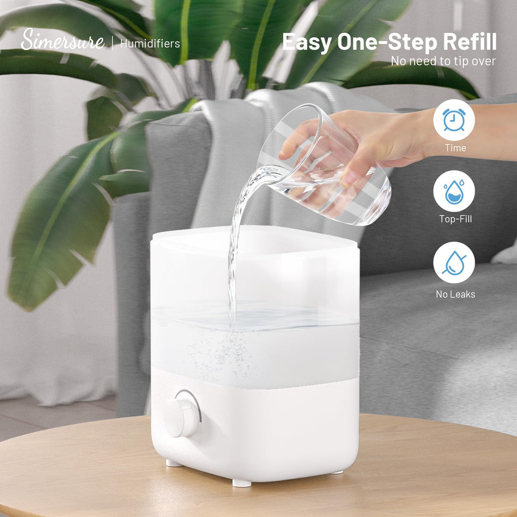 SimerSure Top Fill Humidifier, 2L Water Tank for Bedroom, 28H Long Lasting White Air Humidifier for Large Room, Ultra Quiet 25dB Cool Mist for Baby, Plants, Office, Easy to Clean & Fill