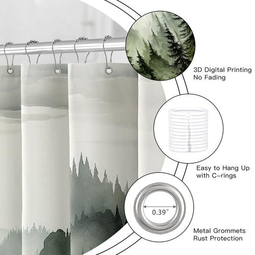 BayNook 4PCS Dark Green Misty Forest Bathroom Sets with Shower Curtain and Rugs, Rustic Woodland Shower Curtain Sets with Rugs, Nature Mountain Landscape Bathroom Curtains Shower Set