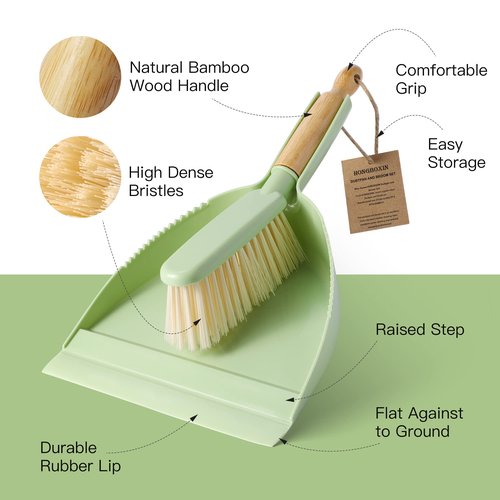 Dust Pan and Brush Set - Small Dustpan and Brush Set, Handheld Broom and Dustpan Set, Brush and Dust Pan Set for Car, Pet Care, Office, 14 x 8.7 inch, Green
