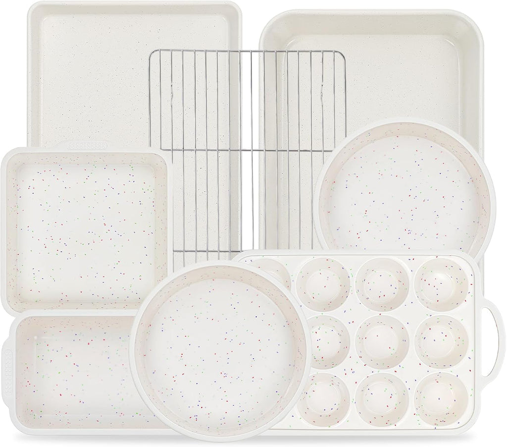 Vinino 8-Piece Nonstick Baking Pans Set - Silicone Muffin, Loaf & Cake Pans with Metal Reinforced Frame & Roasting Pan | Oven Safe, Cream Color