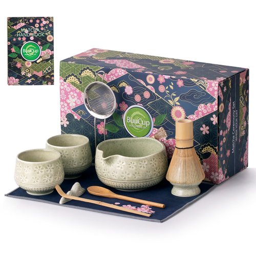Buucup Matcha Whisk Set, 10 Pcs Matcha Set Includes Matcha Bowl, 2 Cups, Matcha Whisk and Holder, Bamboo Scoop and Spoon, Scoop Rest, Sifter and Tea Towel, Complete Matcha Kit (Mottled Green)