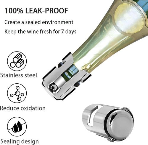 6 pcs Stainless Steel Wine Stopper – Champagne Saver & Airtight Bottle Seal, Reusable Wine Bottle Stopper for Red Wine, Prosecco, Sparkling Wine – Elegant Holiday Gift for Wine Lovers