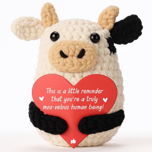 YUEYUQIU Mini Funny Inspirational Positive Crochet Cow Gifts - Thank You Appreciation Gift for Women Men Coworker Friends Teens Girl Teacher Mom - Handmade Small Cow Present for Christmas Birthday