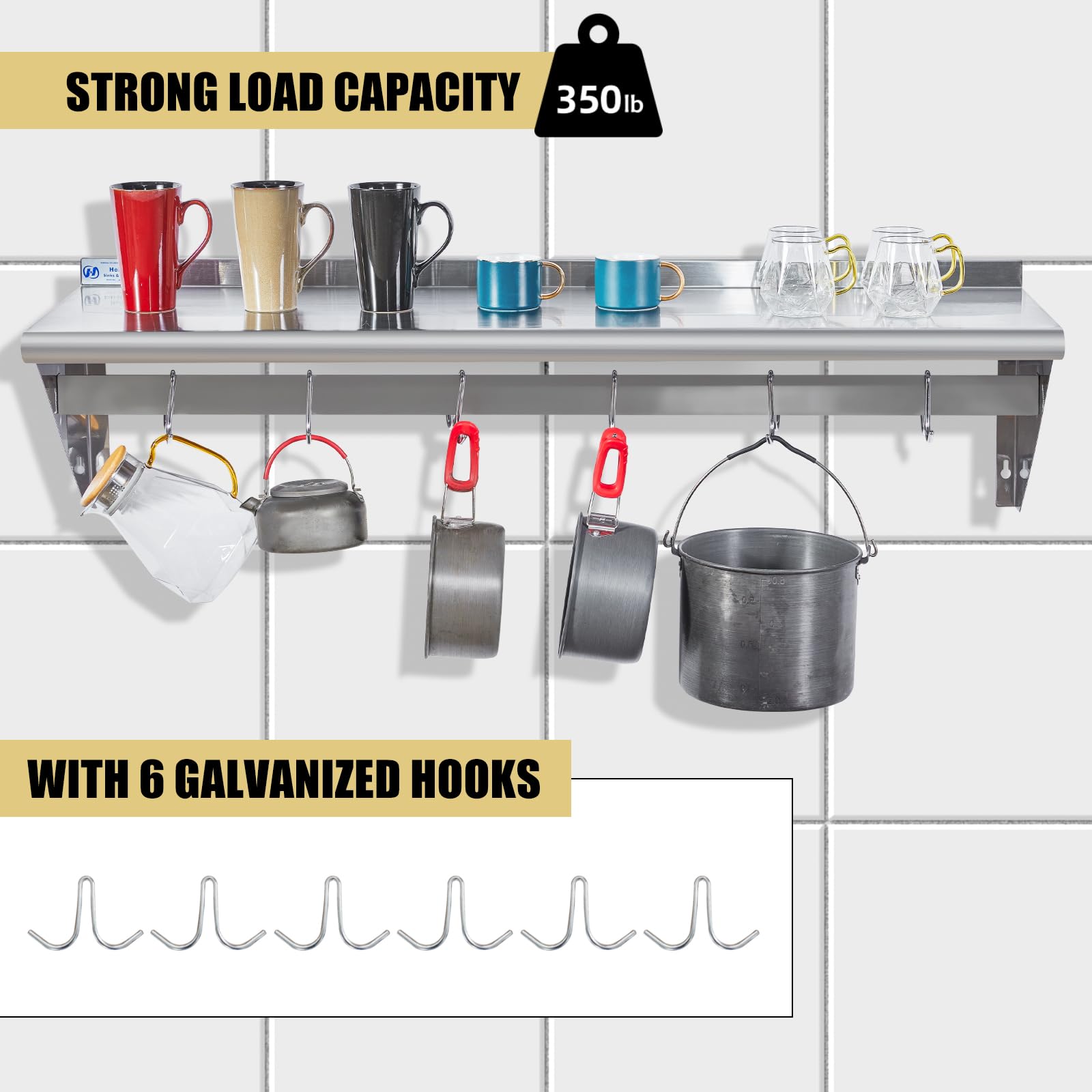 Hally Stainless Steel Shelf with 6 Hooks 14" x 48" Wall Mounted Pot Rack 350lb, NSF Commercial Floating Shelving for Storage Hanging Pots, Pans, cookware in Restaurant, Kitchen, Home and Hotel