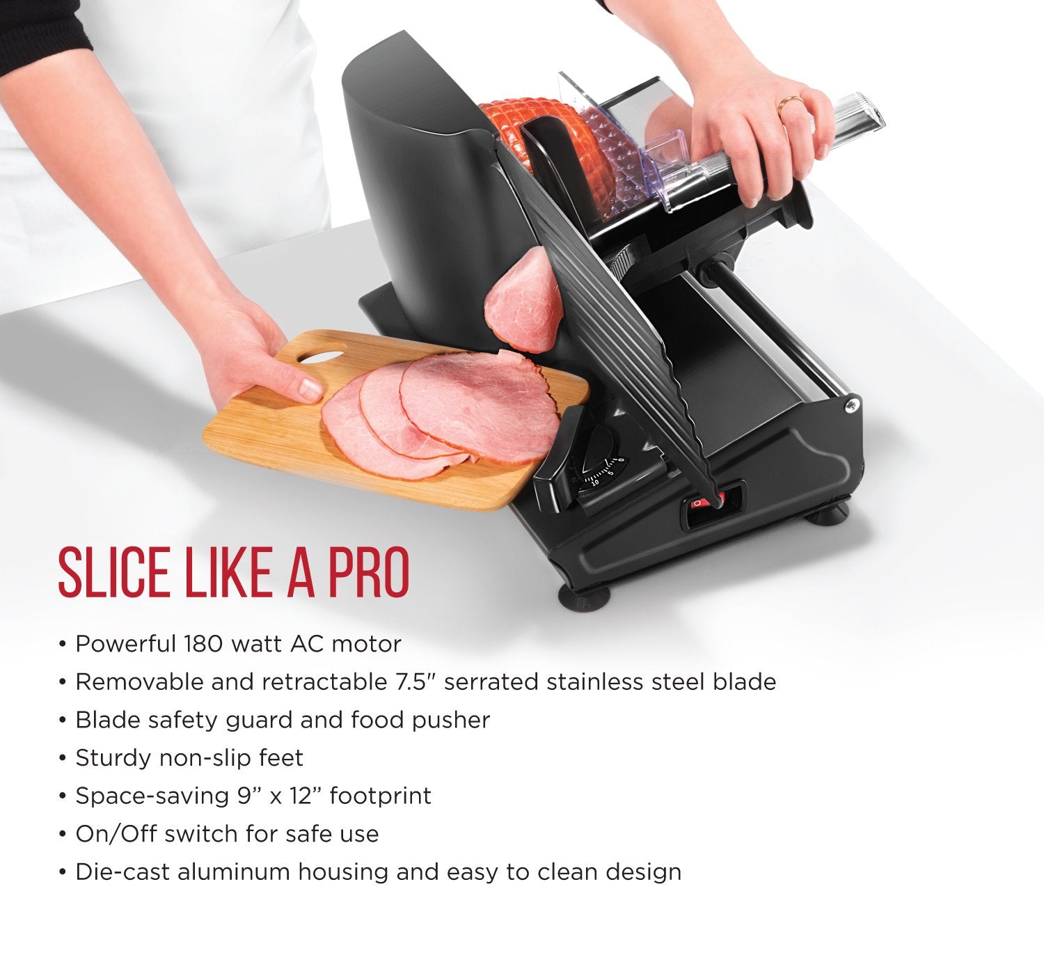 Chefman Electric Deli Slicer With Adjustable Slices, Stainless Steel Blades, Safe Feet - For Ham, Cheese, Bread, Fruit & Veggies