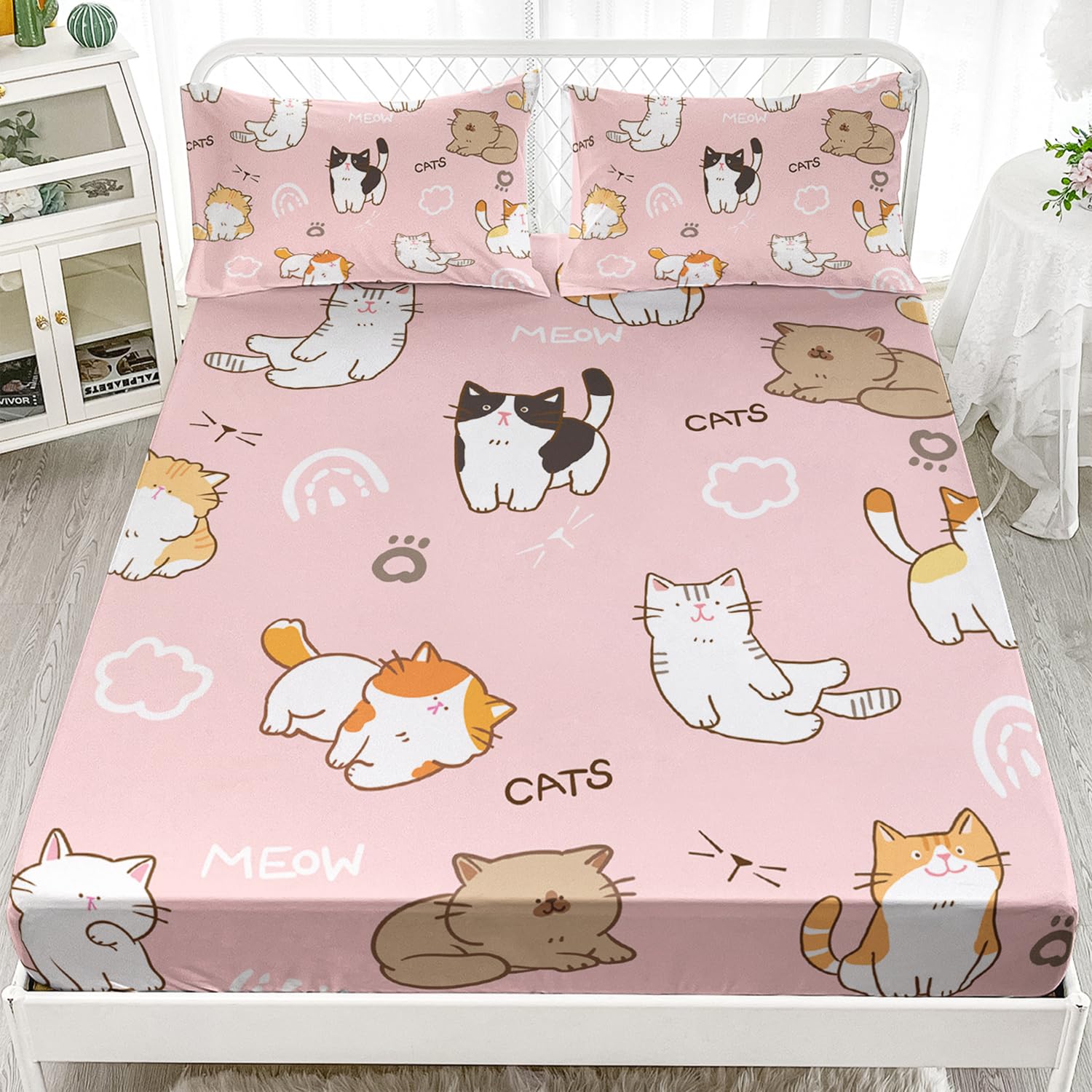 XYNHML Kids Cute Cat Fitted Sheet Set 3Pcs Cartoon Pet Cat Paw Quilt Bed Sheets Twin Lovely Animal White Cloudy Bedding Set for Boys Teens Adult Includes 1 Fitted Sheet,2 Pillowcases