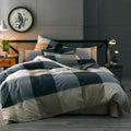 MKXI Plaid Comforter Set Queen Size, Geometric Checkered 3 Pieces Bedding Set Men Boys, Modern Style Comforter with 2 Pillow Shams All Season Soft Fluffy Bedding Set-(Tan,Dark Blue Grey,Khaki)