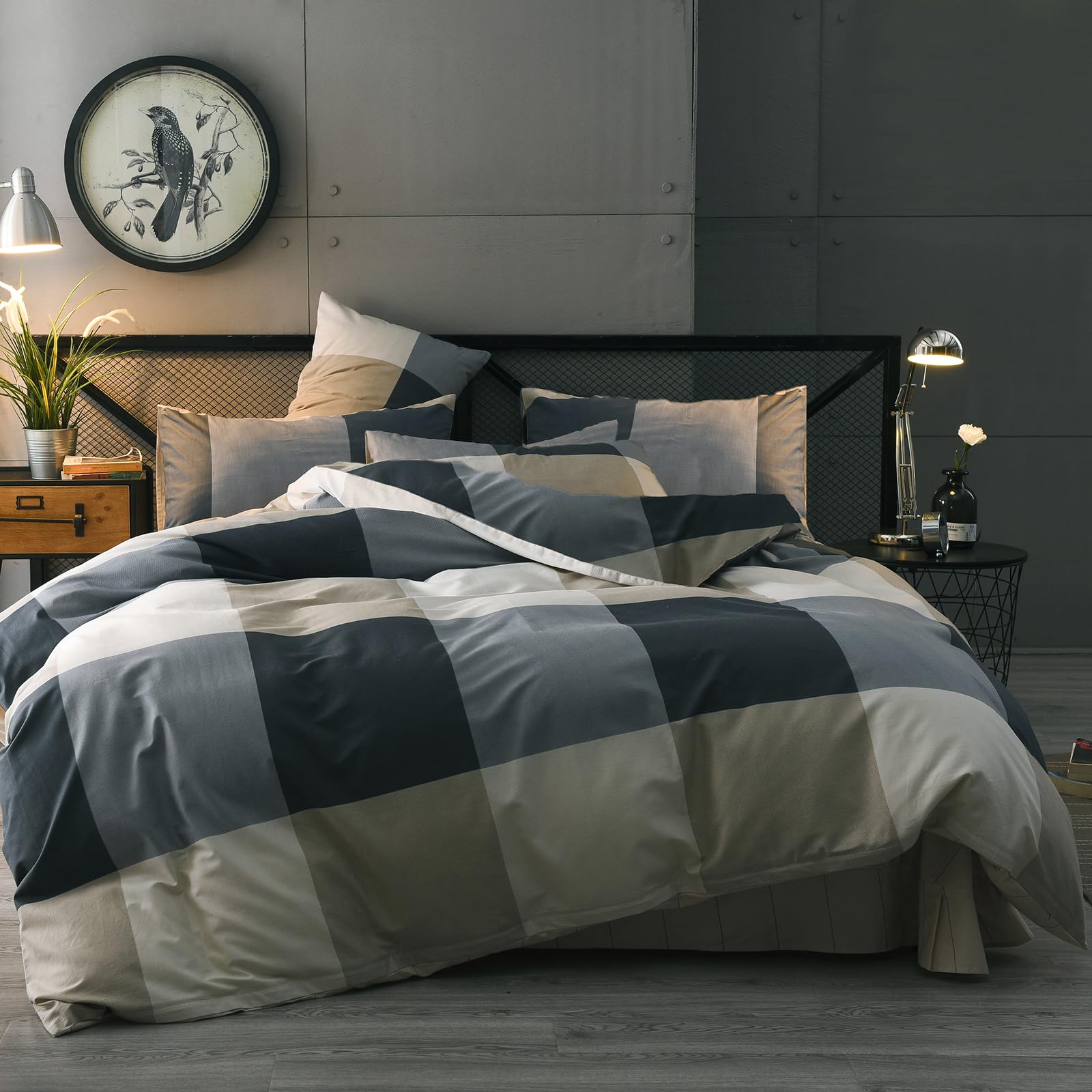 MKXI Plaid Comforter Set Queen Size, Geometric Checkered 3 Pieces Bedding Set Men Boys, Modern Style Comforter with 2 Pillow Shams All Season Soft Fluffy Bedding Set-(Tan,Dark Blue Grey,Khaki)