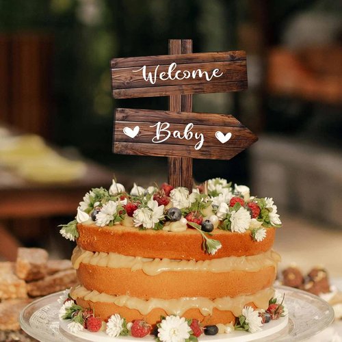 Rustic Welcome Baby Cake Topper in Wood Boy or Girl Announcement Neutral Wooden Cake Decoration for Baby Shower, Gender Reveal Party Decorations