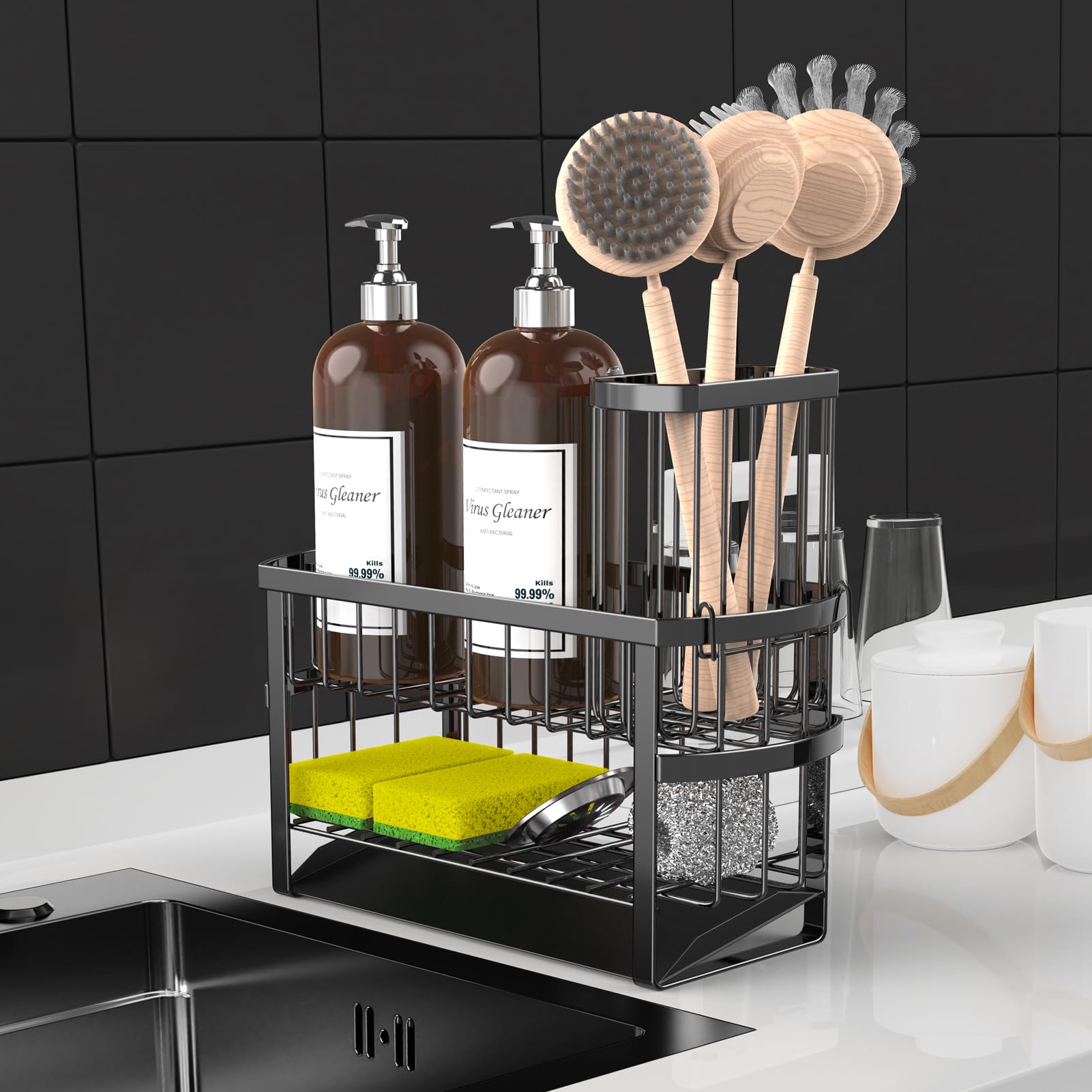 UEFFNR Kitchen Sink Organizer Caddy, 2 Tier Sink Caddy Organizer with High Brush Holder, Rust-Proof Countertop Rack (Black 10.6 * 4.3 * 5.7") for Kitchen Accessories & Dish Brushes
