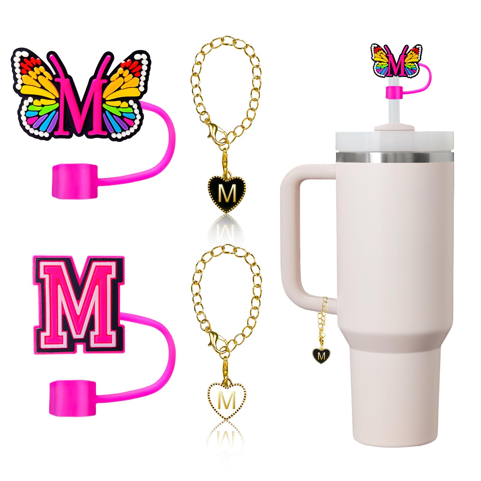 (2+2 Straw Cover 10mm and Initial Letter Charms Accessories For Stanley Tumbler Cup, Straw Cap Topper/Letters A to Z Charm Chains Name ID Personalized For Stanley 30&40 Oz Cup Tumbler