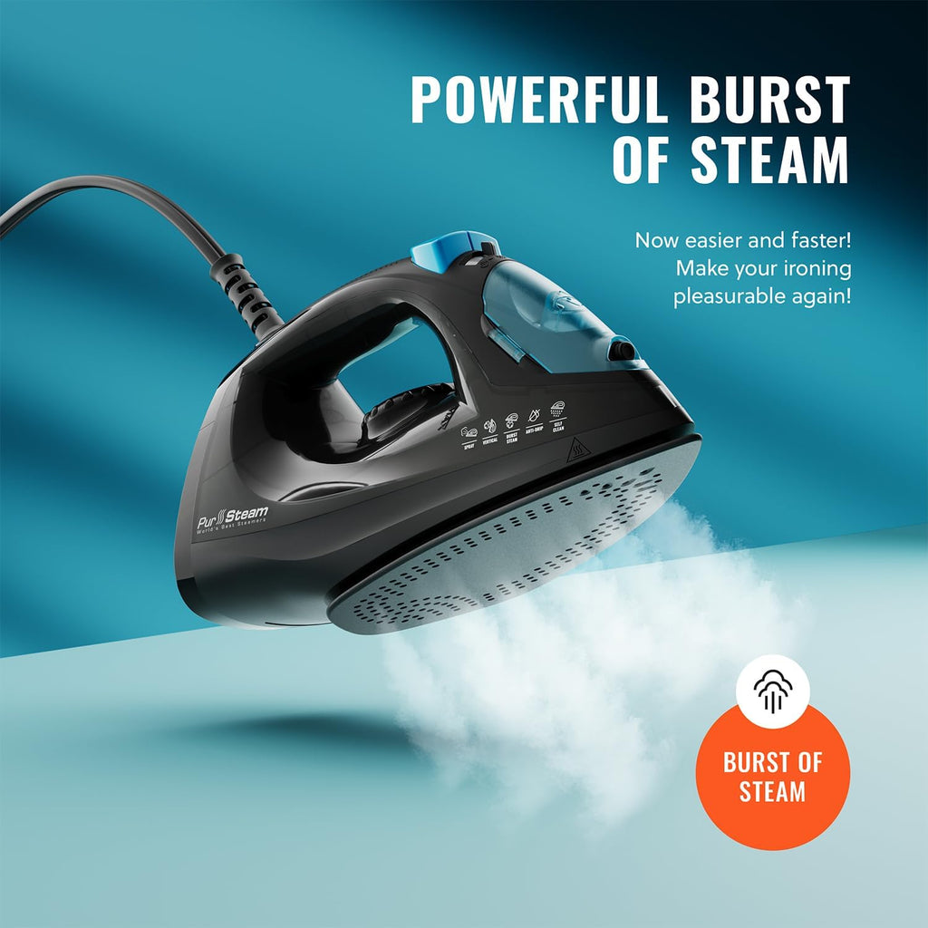 PurSteam Professional 1250W Steam Iron - Powerful Steamer with Burst of Steam & Non-Stick Soleplate