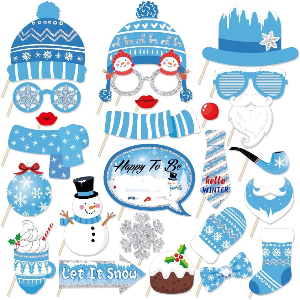 Snowman Photo Booth Props - Winter Wonderland Themed Decorations | 25 Count Set