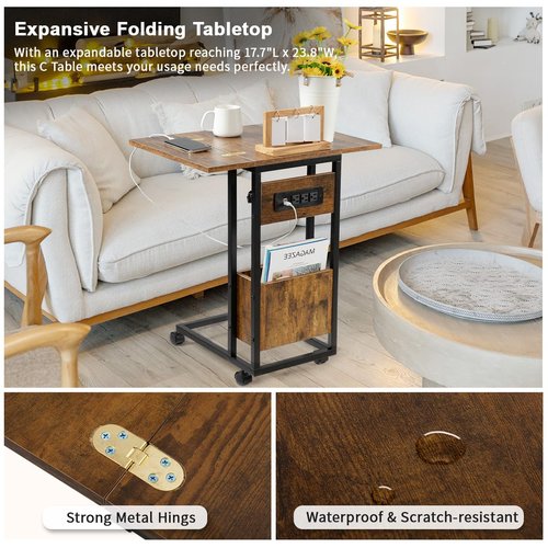 Hadulcet C Shaped End Table with Charging Station & Foldable Tabletop, Folding TV Tray Table with Storage, Laptop Table for Couch, C Table for Sofa, Living Room Bedroom Small Spaces, Rustic Brown