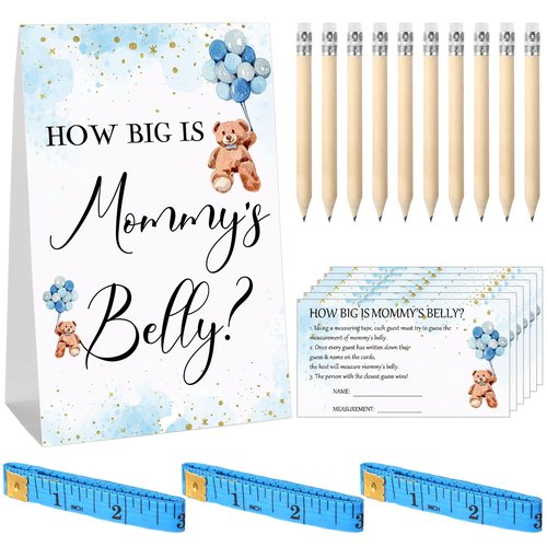 Sabary 64 Pcs Baby Shower Games Include How Big is Mommy's Belly Sign Measure Bump Game 50 Cards 10 Pencils 3 Measuring Tapes for Baby Shower Gender Reveal Party Supplies(Blue Bear)