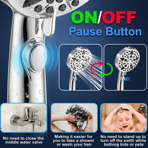 Jill Deaaa® Shower Head, 9-Mode High Pressure Shower Head with Handheld & ON/Off Switch, Anti-clog Nozzles & Built-in Spray for Clean Tub & Pet, With Stainless Steel Hose, Wall & Overhead Bracket