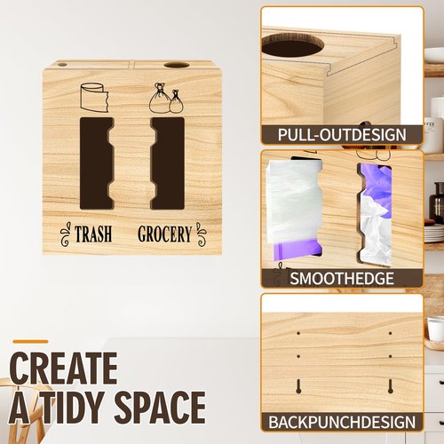 CMXZSAM 2 in 1 Trash Bag Dispenser and Grocery Bag Holder, Large Wooden Plastic Bag Holder, Wall Mount Trash Bags Holder for Grocery and Plastic Bags, Kitchen and Laundry Room Organization