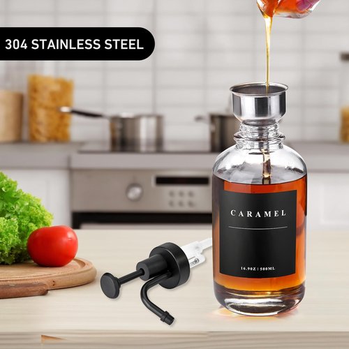 Coffee Syrup Dispenser for Coffee Bar, Coffee Syrup Pump Dispenser, Glass Syrup Bottle with Black Upgraded Pump, 2 Pack 16.9 oz 500 ml Syrup Dispensers, 28 Labels and Bamboo Tray