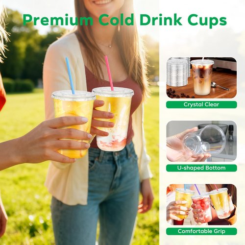 Etersky 50PCS 16 oz Clear Plastic Cups with Lids and Colorful Straws, Round Bottom Disposable To Go Coffee Smoothie Juice Bubble Tea Cups, PET Party Cups for Holiday, Birthdays, Picnics, Christmas