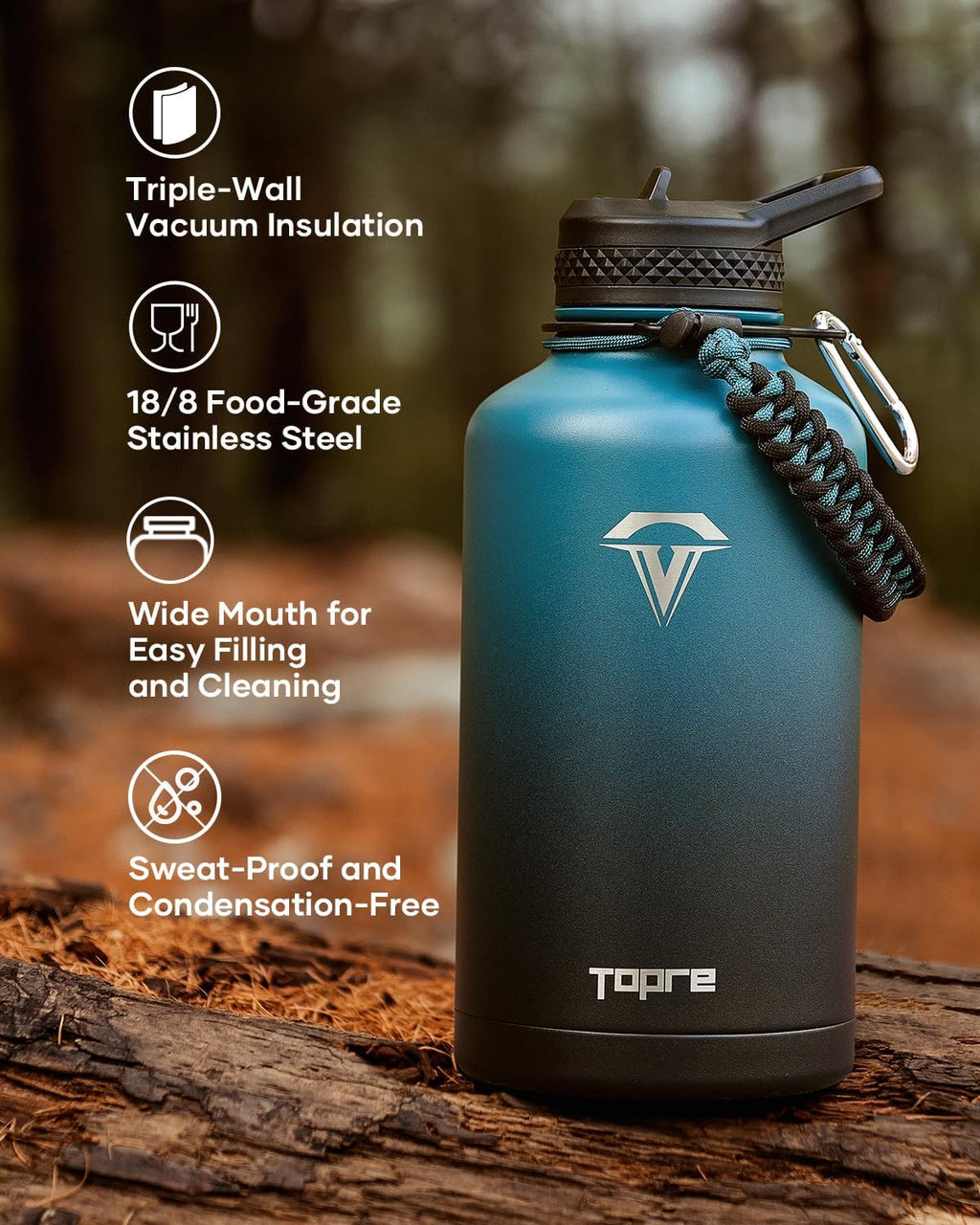 Skiennix 64 Oz Insulated Water Bottle - Half Gallon Stainless Steel Flask, Cold for 48 Hrs, BPA-Free, Leakproof, Indigo Black