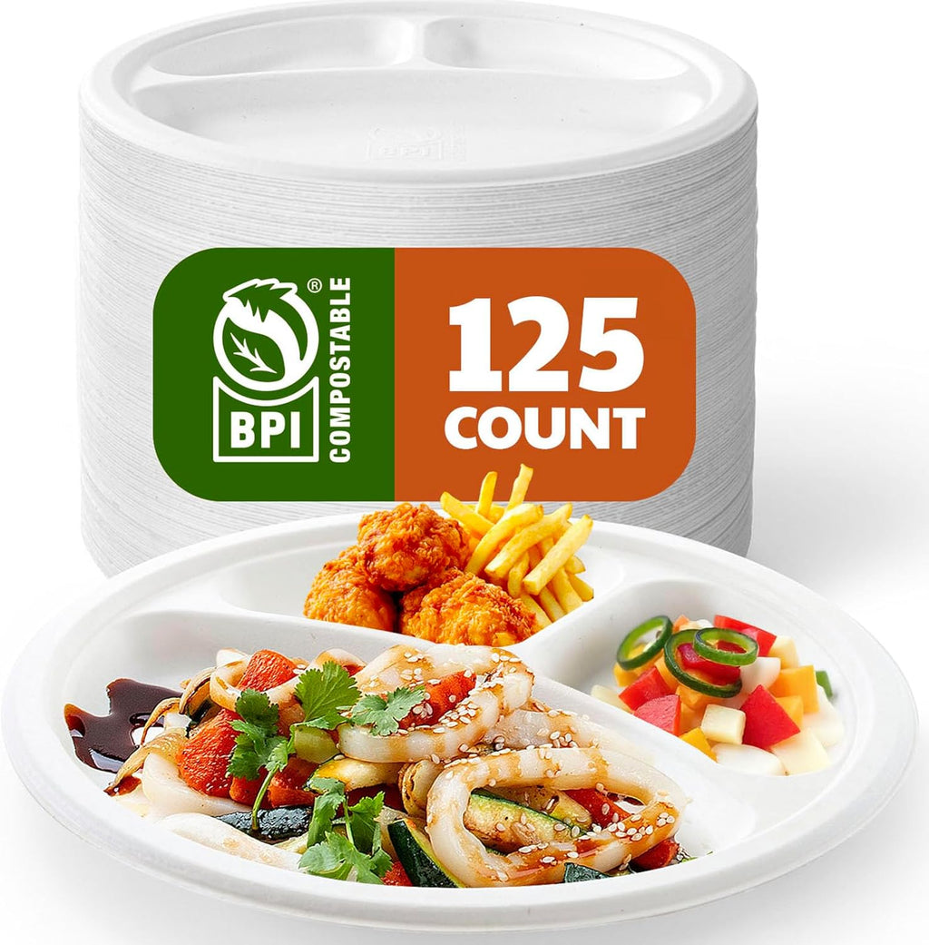 Regine Switzerland Compostable 3-Compartment Paper Plates - Heavy Duty Biodegradable Lunch Trays | 10 Inch, 125 Count