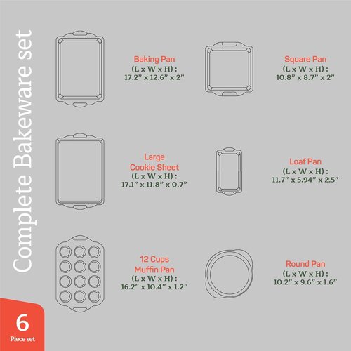 Emporio Kitchen Nonstick Baking Pan Set - Carbon Steel Bakeware with Red Silicone Handles | Oven Safe Up to 450°F, Set of 6